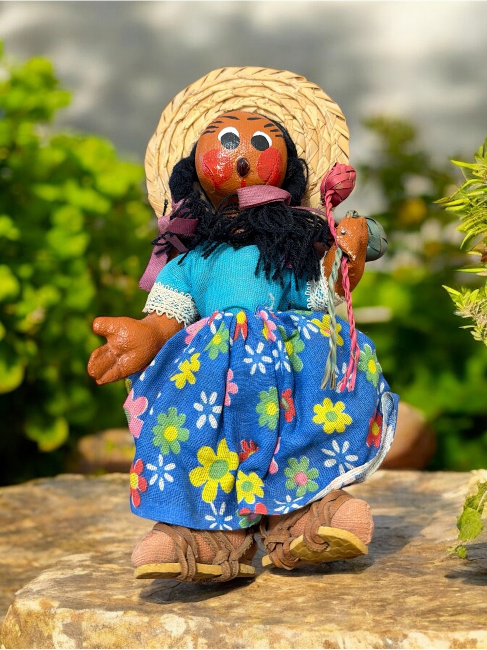 Handmade Folk Doll in Floral Blue Dress with Straw Hat 8 in.
